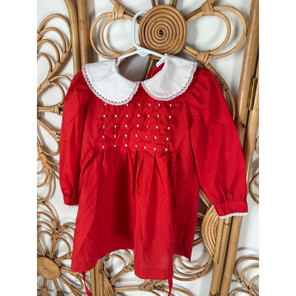 Polly Flinders Girls Dress Size 4 Red White Smocked Peter Pan‎ Collar Vintage